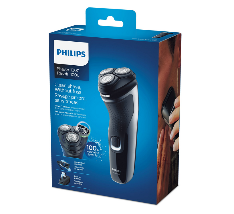 Caja con una afeitadora Philips negra y gris. Tiene texto y una imagen de la afeitadora. Fondo blanco.