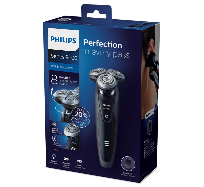 Afeitadora eléctrica Philips Series 9000 en su caja, mostrando la afeitadora y sus características. Fondo azul.