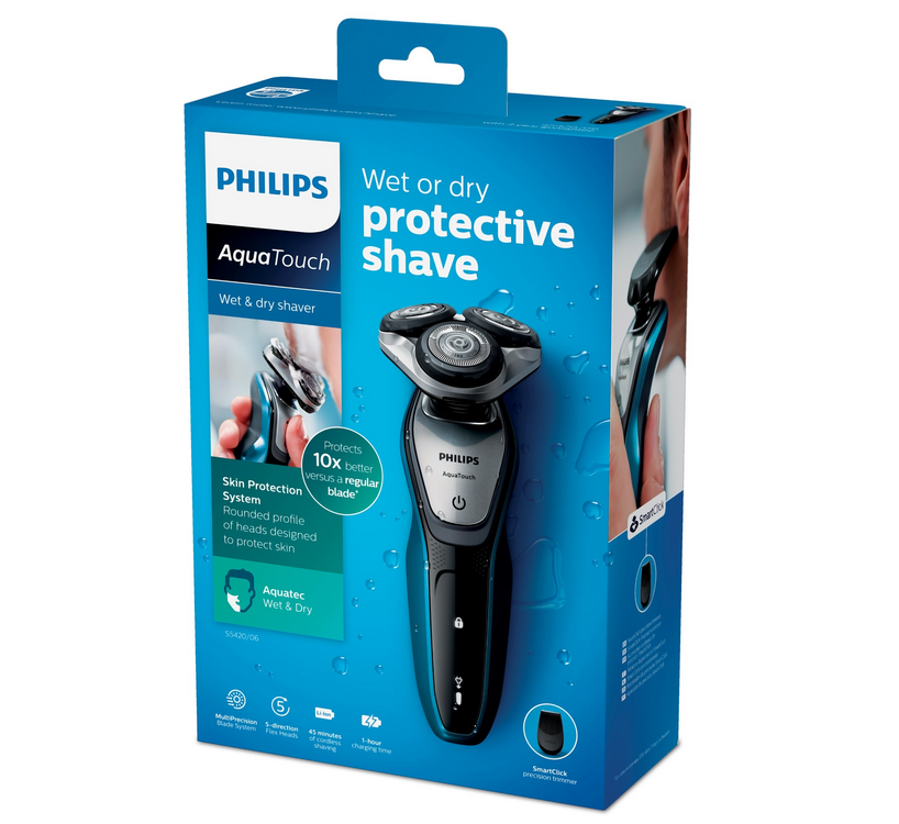 Caja de afeitadora Philips AquaTouch húmeda o seca. La caja muestra la afeitadora y un hombre usándola.