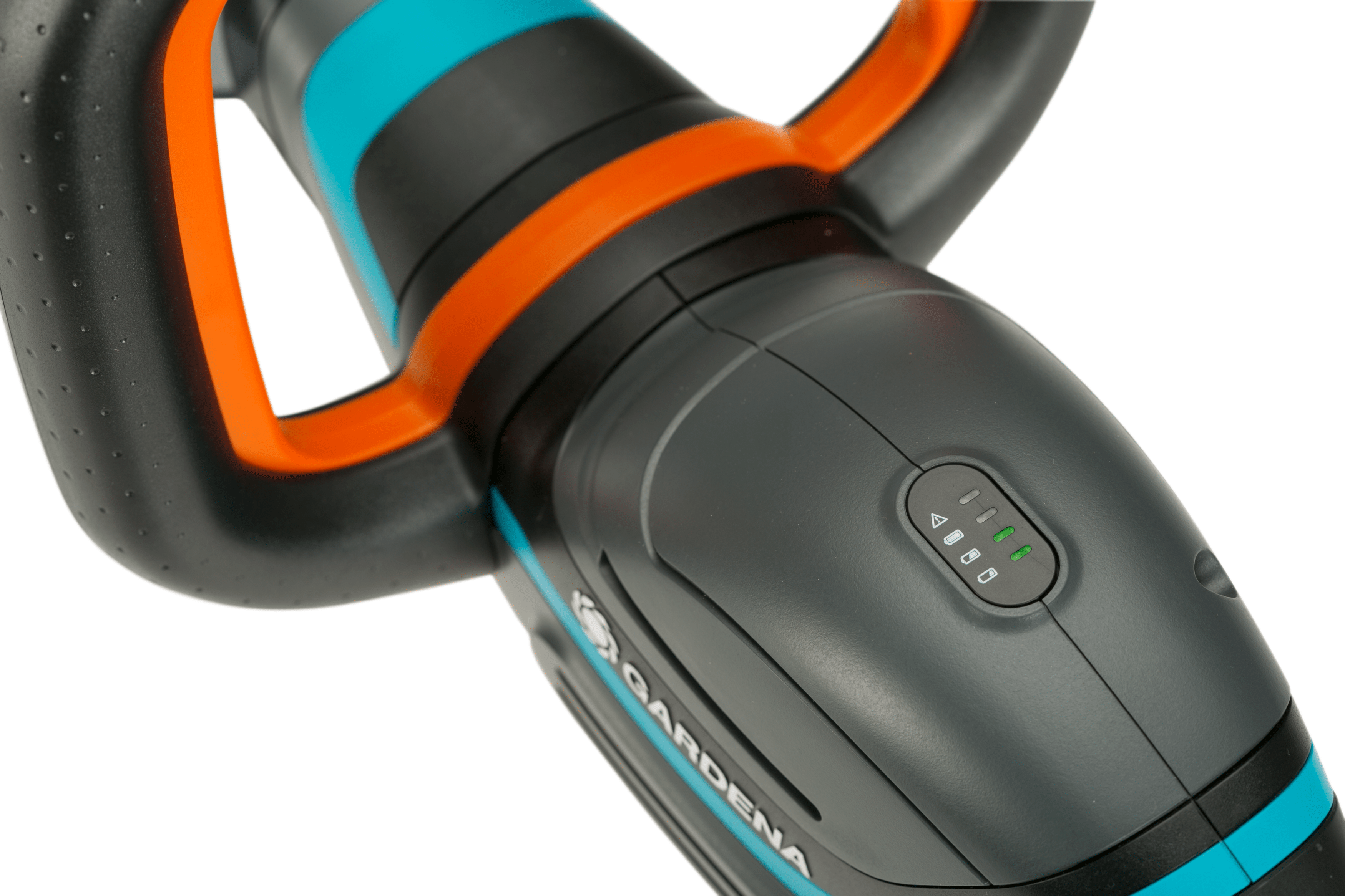Nahaufnahme eines elektrischen Gardena-Trimmers mit Bedienelementen, schwarz und blau.
