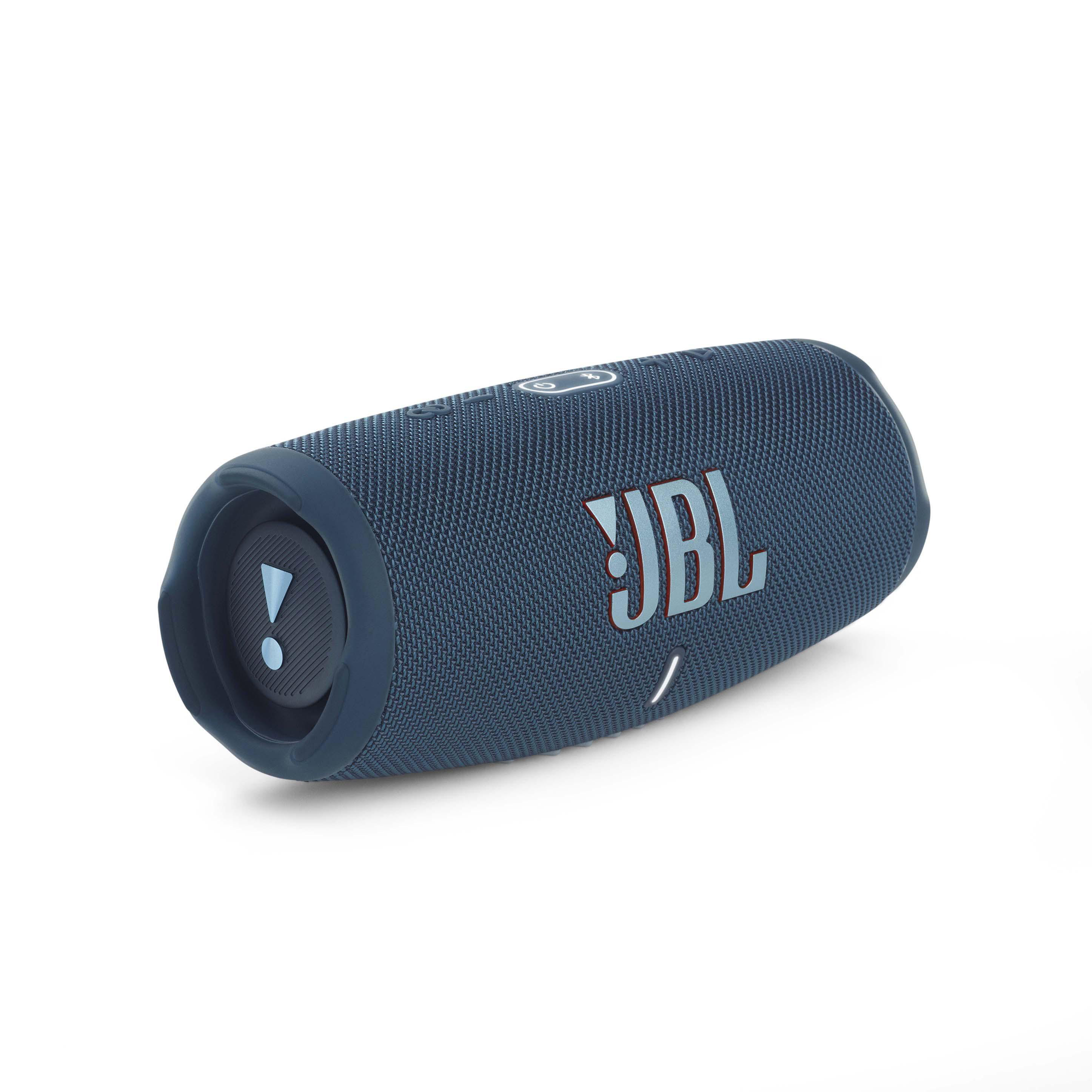 Blauer JBL-Lautsprecher auf weißem Hintergrund, mit weißem JBL-Logo.