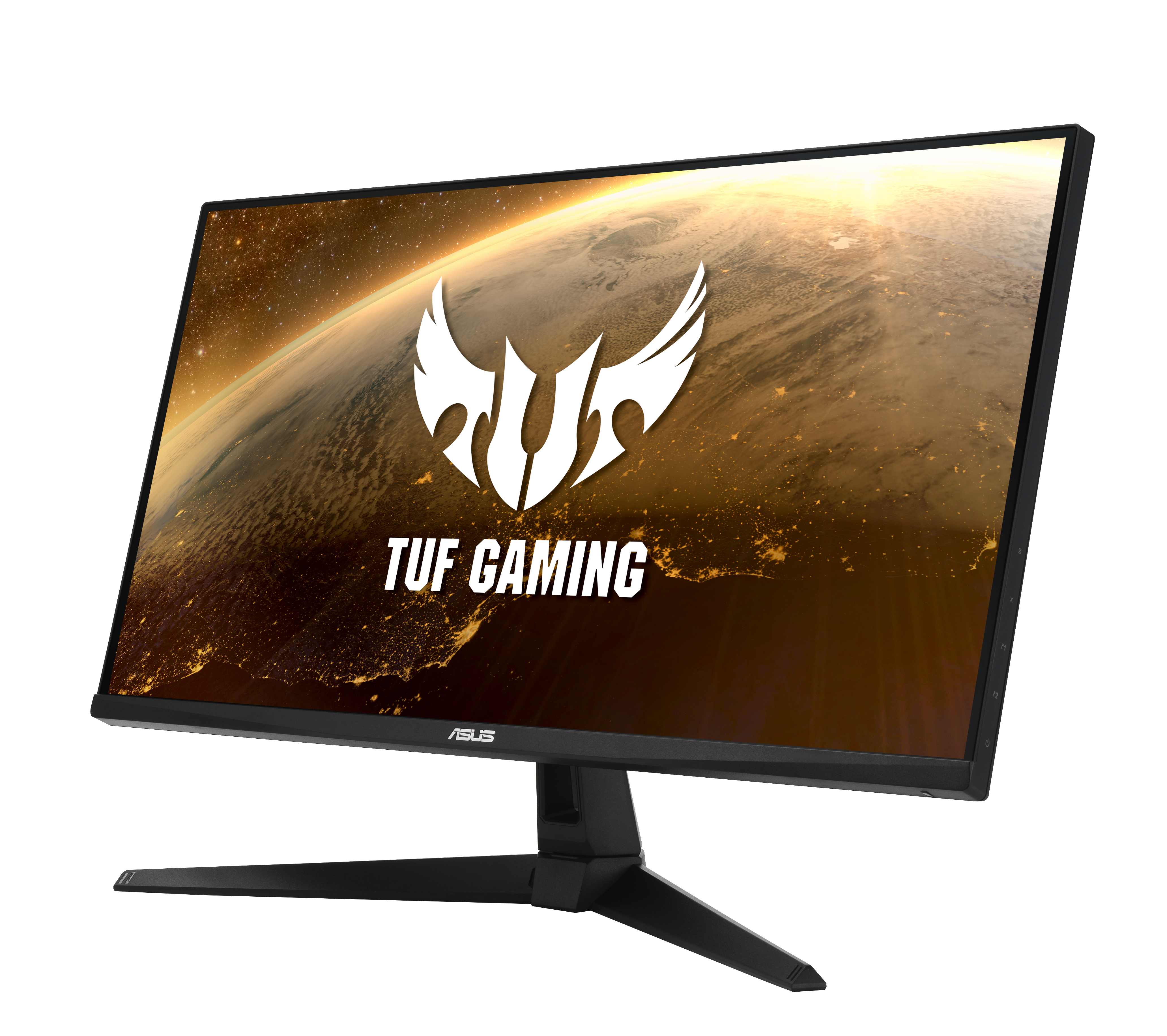 Schwarzer Computermonitor mit dem ASUS TUF Gaming Logo auf weißem Hintergrund.