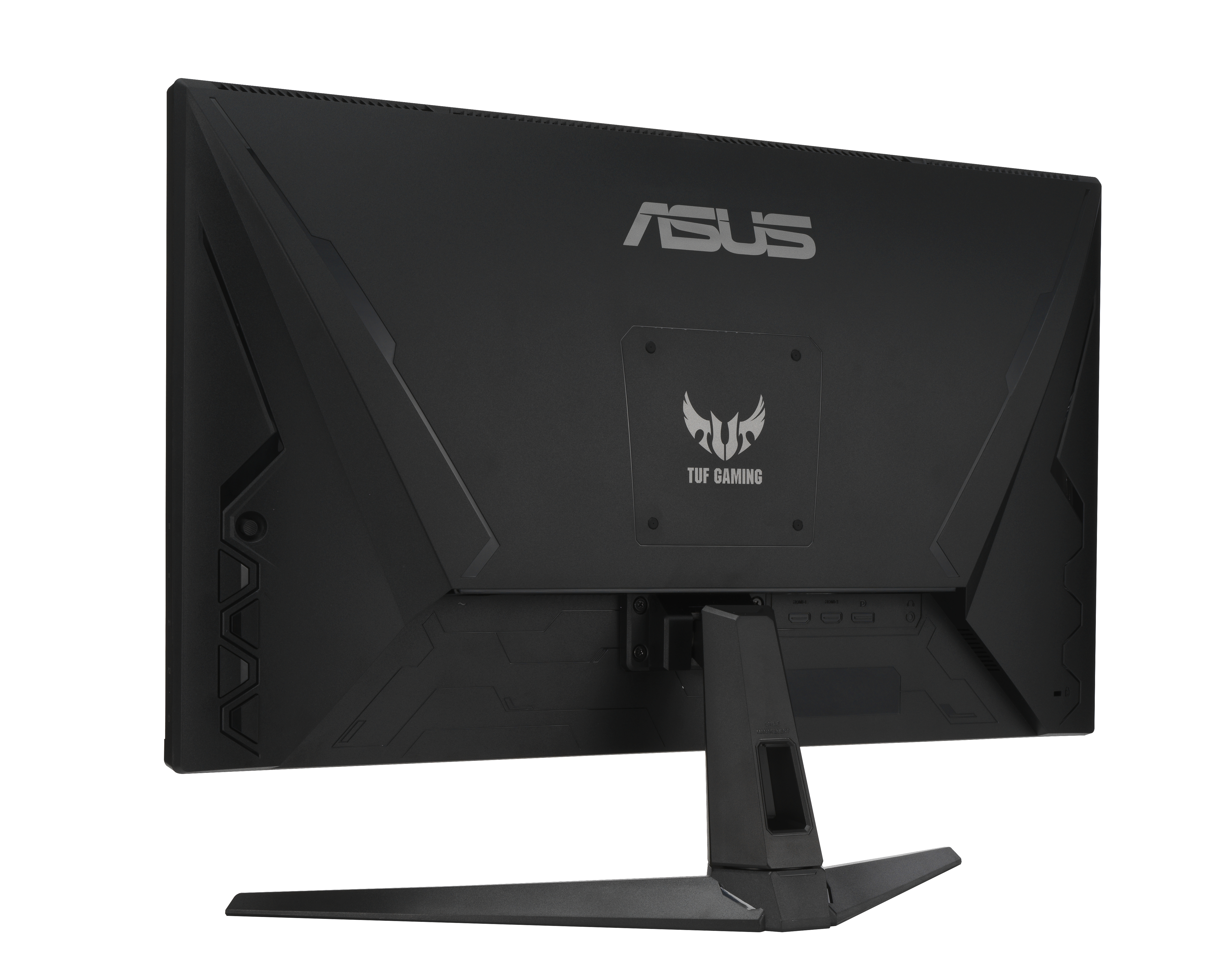 Schwarzer Asus Computermonitor. Rückansicht. Die ASUS- und TUF Gaming-Logos sind sichtbar.