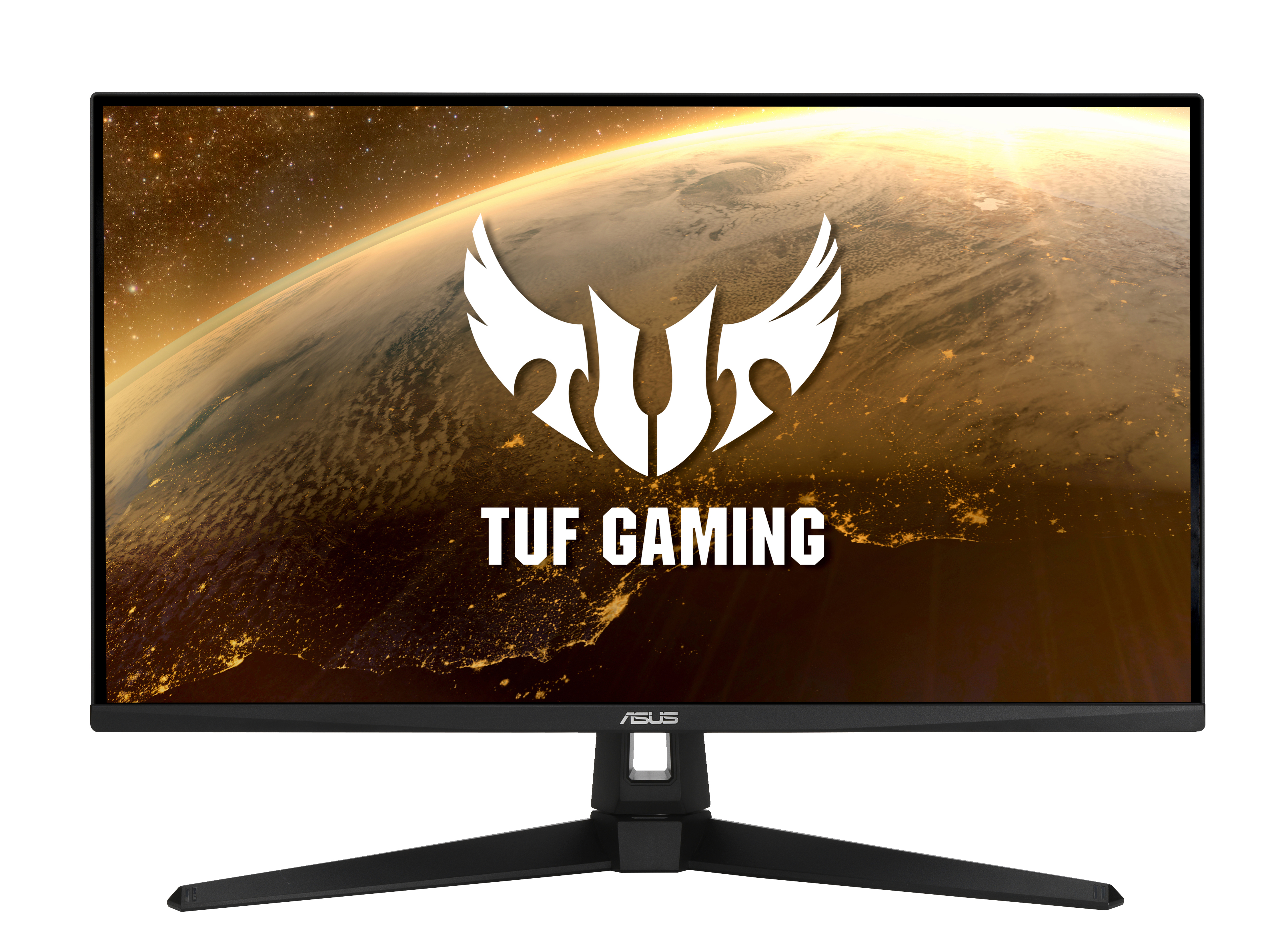 Schwarzer Computermonitor mit dem TUF GAMING-Logo auf dem Bildschirm. Erde im Hintergrund.