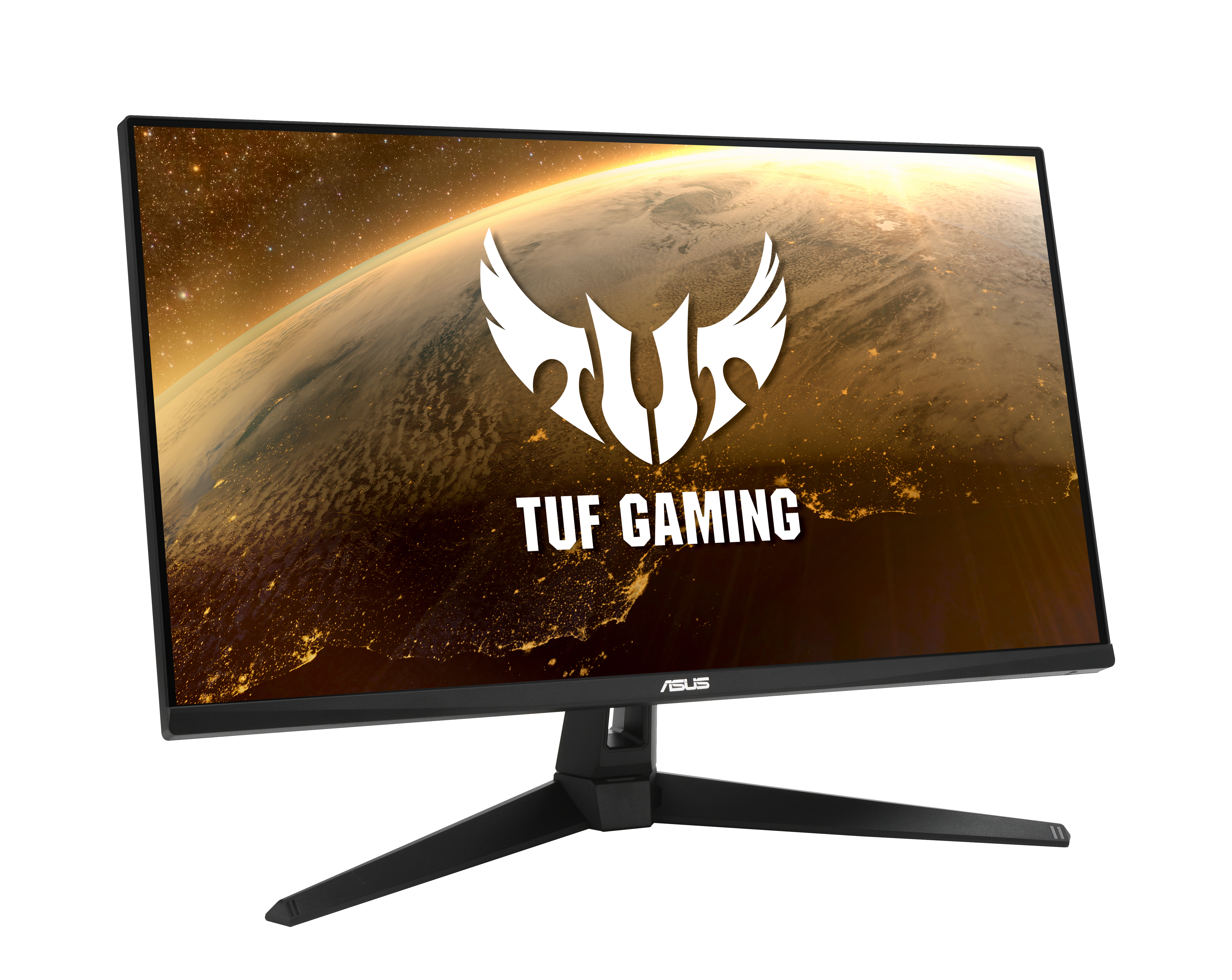 Gaming-Monitor mit Logo auf dem Bildschirm und schwarzem Ständer.