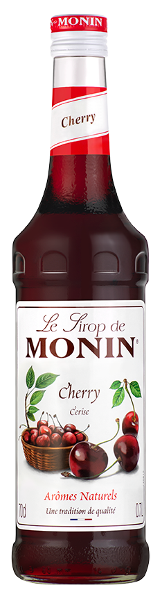 Monin Kirschsirup-Flasche. Rote Flüssigkeit, Etikett mit Kirsch- und Blätterillustration. Weißer Hintergrund.