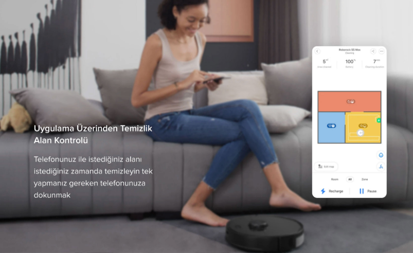 Kadın tablet kullanıyor, sağda robot süpürge uygulaması arayüzü.