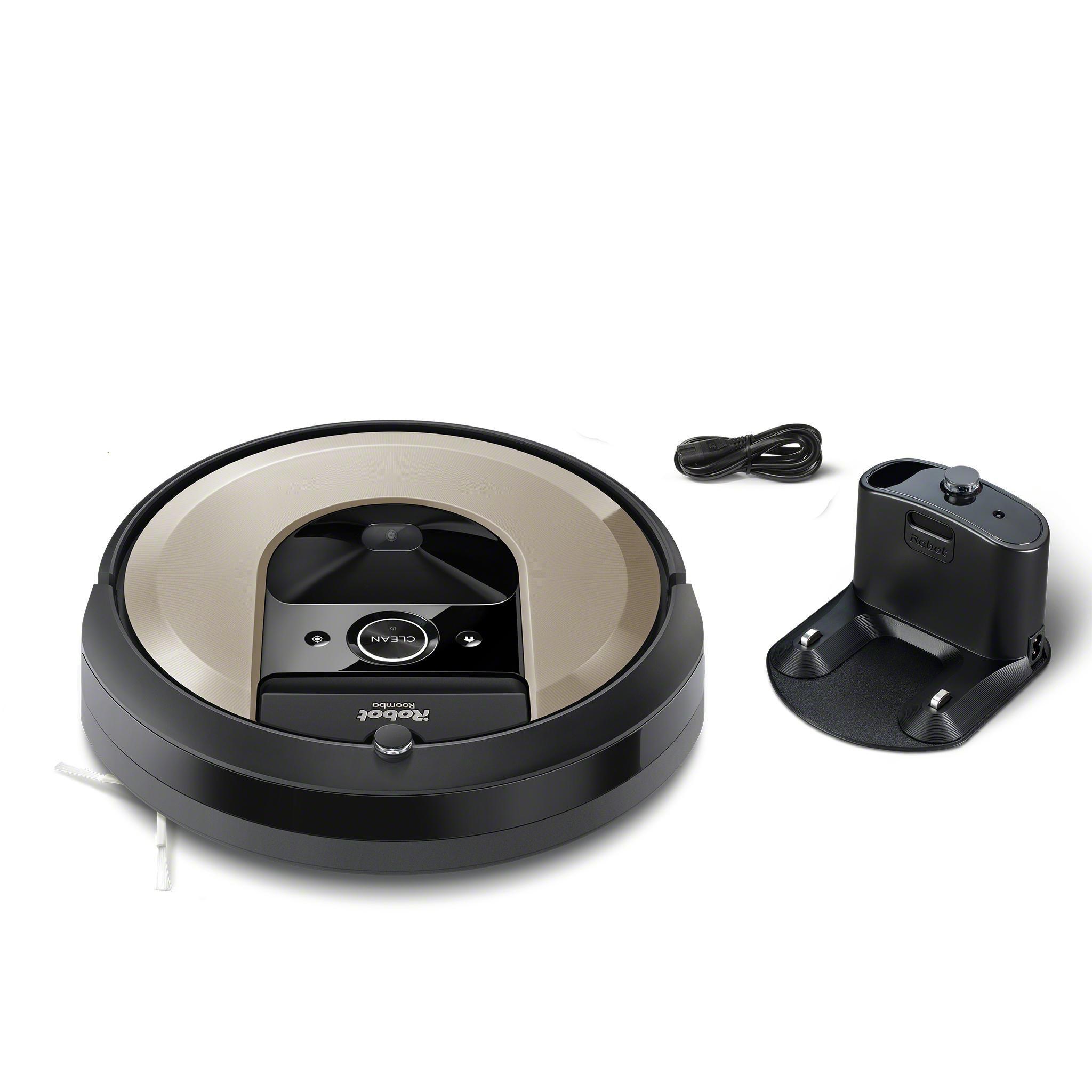 Schwarzer und beigefarbener Roomba-Saugroboter mit Ladestation und Netzkabel.