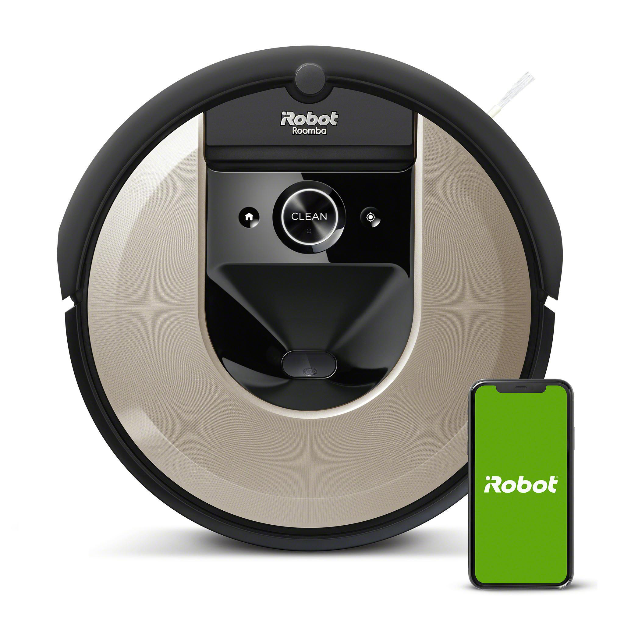 Ein schwarzer und goldener Roomba-Roboter-Staubsauger und ein grünes Smartphone.