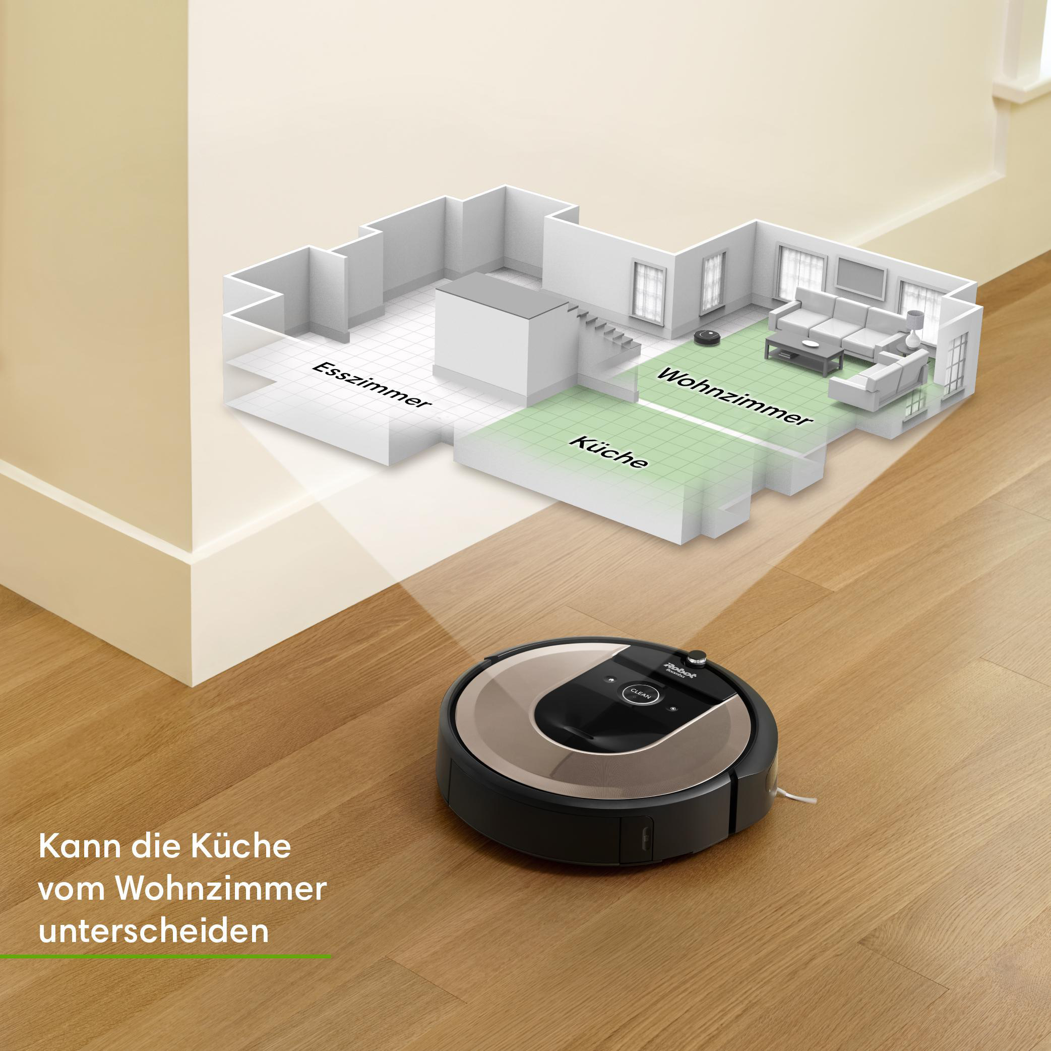 Ein Roboter-Staubsauger auf Holzboden mit Grundrissdiagramm darüber.