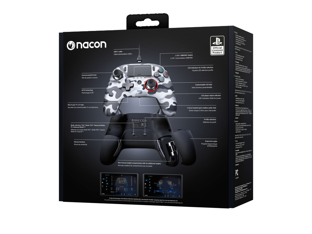 Mando PS4 - Nacon Revolution Pro Controller 3, Para PS4/PC, Con cable, Camuflaje + Funda + 6 pesos + Cable USB-C