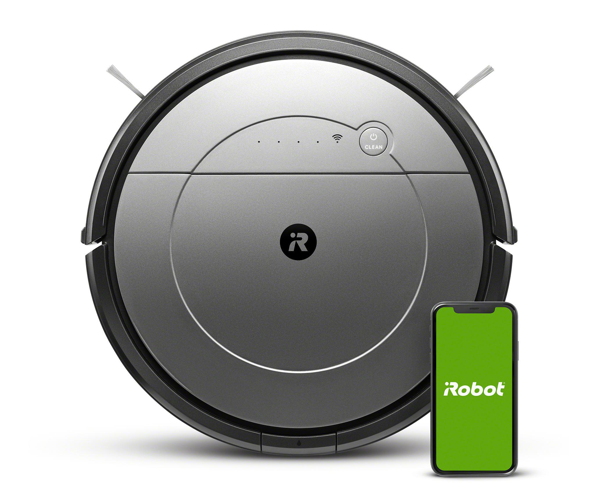 Dunkelgrauer iRobot Roomba Staubsauger mit Smartphone, das seine App anzeigt, weißer Hintergrund.