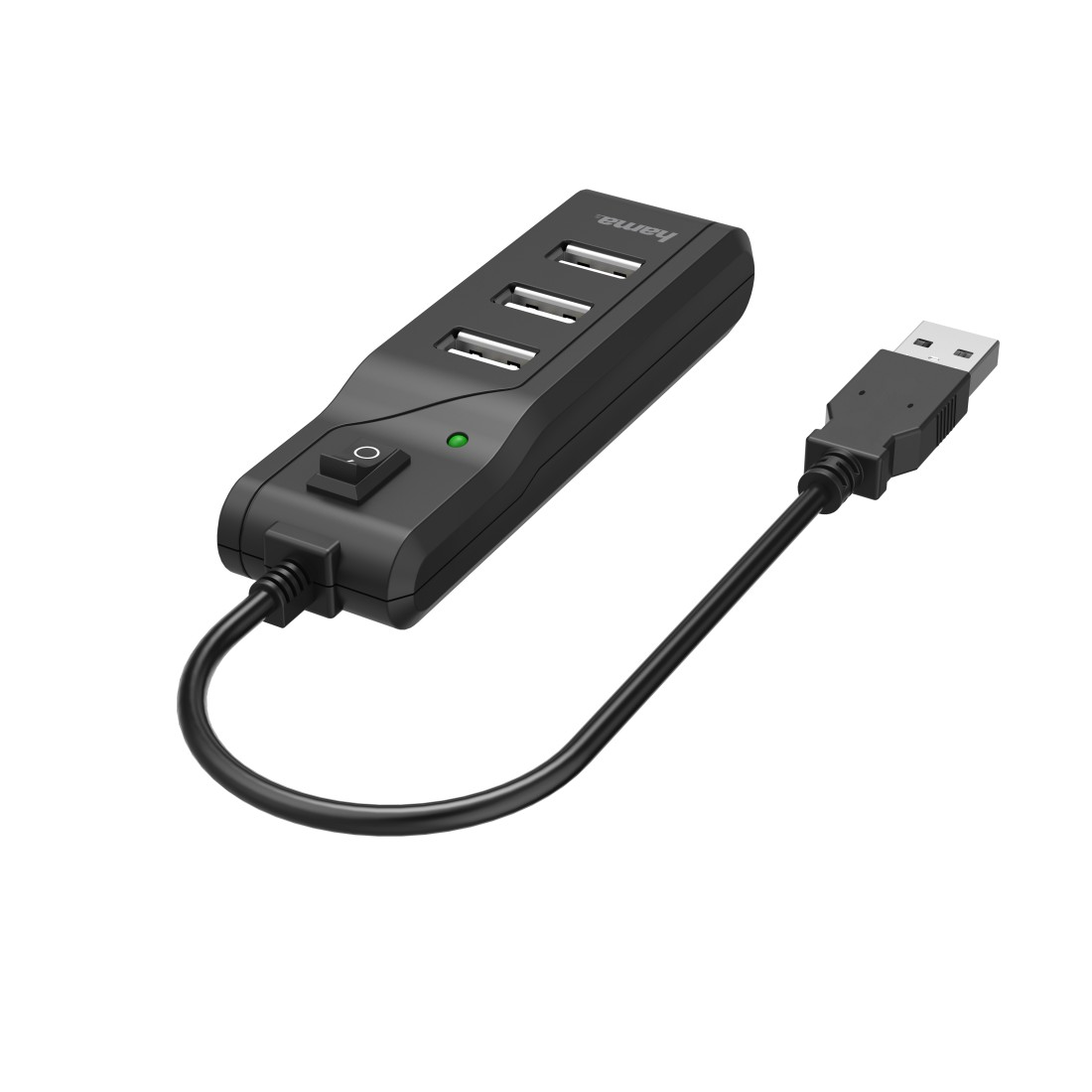 Ein schwarzer USB-Hub mit vier Anschlüssen und einem Ein-/Ausschalter. Er hat ein USB-Kabel.