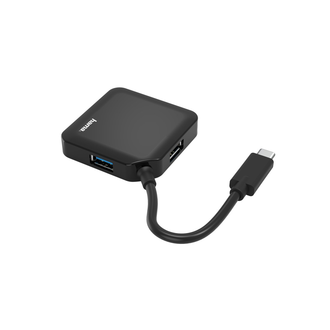 Ein schwarzer USB-C-Hub mit zwei USB-Anschlüssen. Ein USB-C-Kabel erstreckt sich vom Hub.