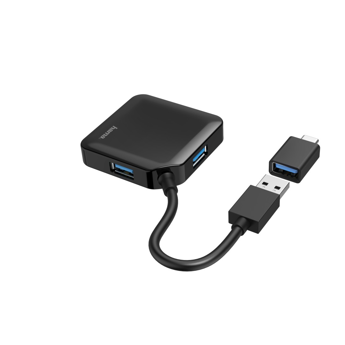 Ein schwarzer USB-Hub mit 3 USB-Anschlüssen und zwei Anschlüssen: USB-A und USB-C.