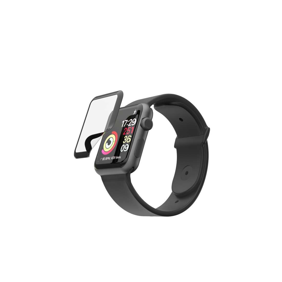 Eine Apple Watch mit schwarzem Armband und Display, das Zeit und Gesundheitsdaten anzeigt. Ein Bildschirm ist abgelöst.