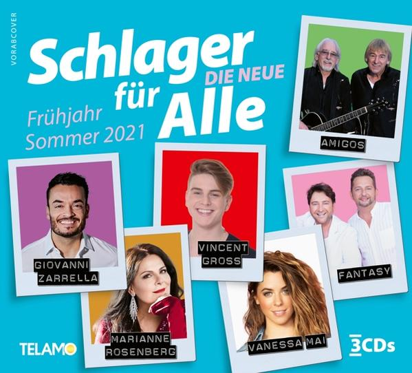Albumcover mit Fotos mehrerer Künstler, Text 'Schlager für Alle Frühjahr Sommer 2021'.