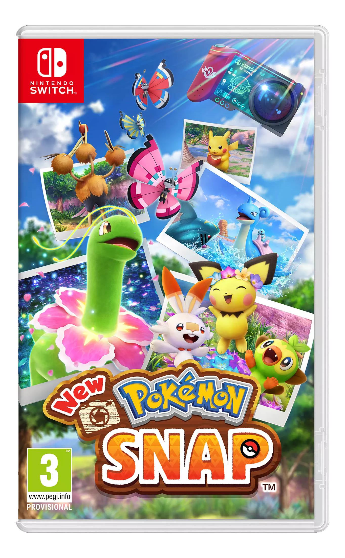 Videospiel-Box-Art: eine Collage von Pokémon-Charakteren und Fotos mit dem Titel 'New Pokémon Snap'.