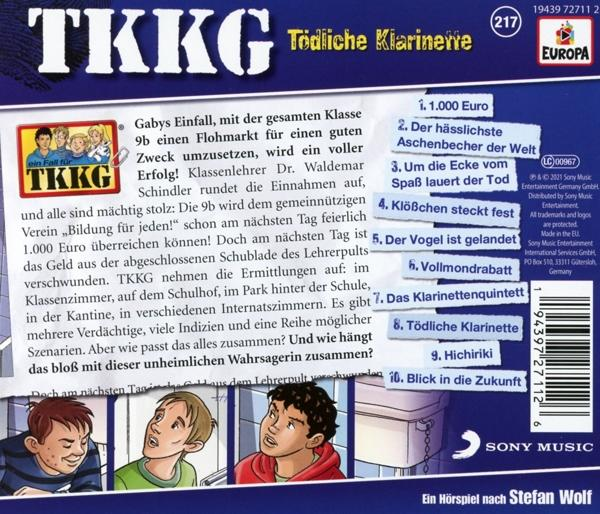 Rückseite eines TKKG-Buchcovers mit einer Zeichentrickszene von Jungen und dem Titel "Tödliche Klarinette".