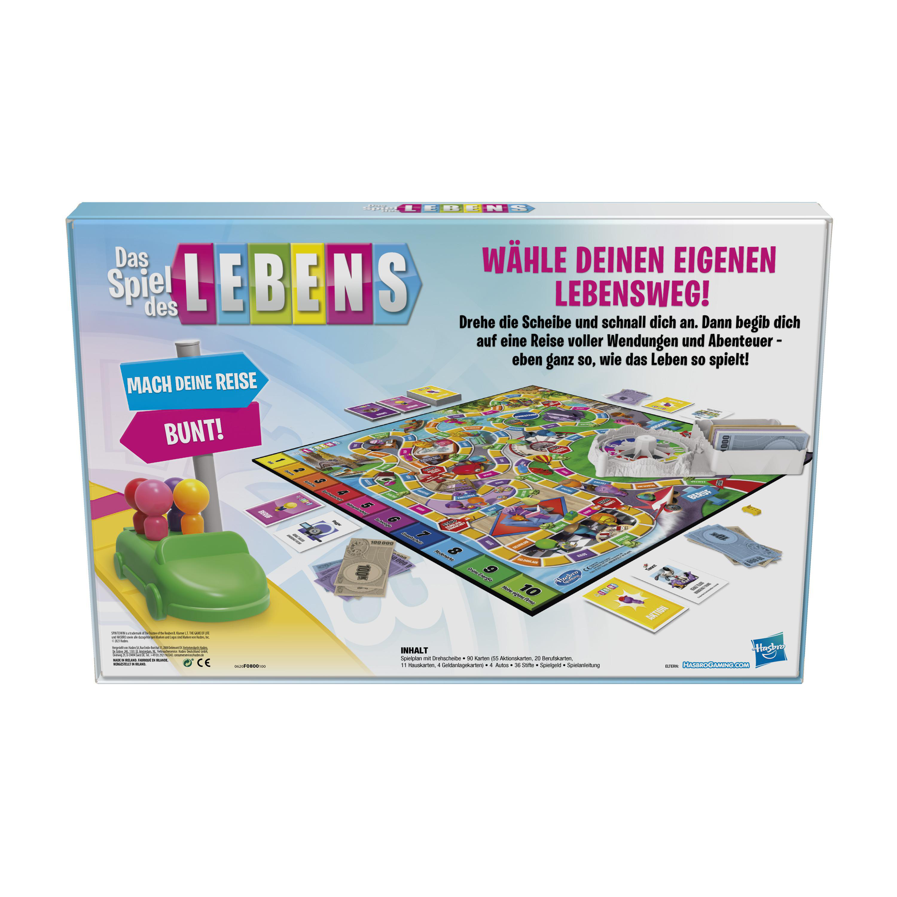 Spiel des Lebens-Box. Spielbrett sichtbar. Grünes Auto mit Figuren, bunte Schilder. Text auf Deutsch.