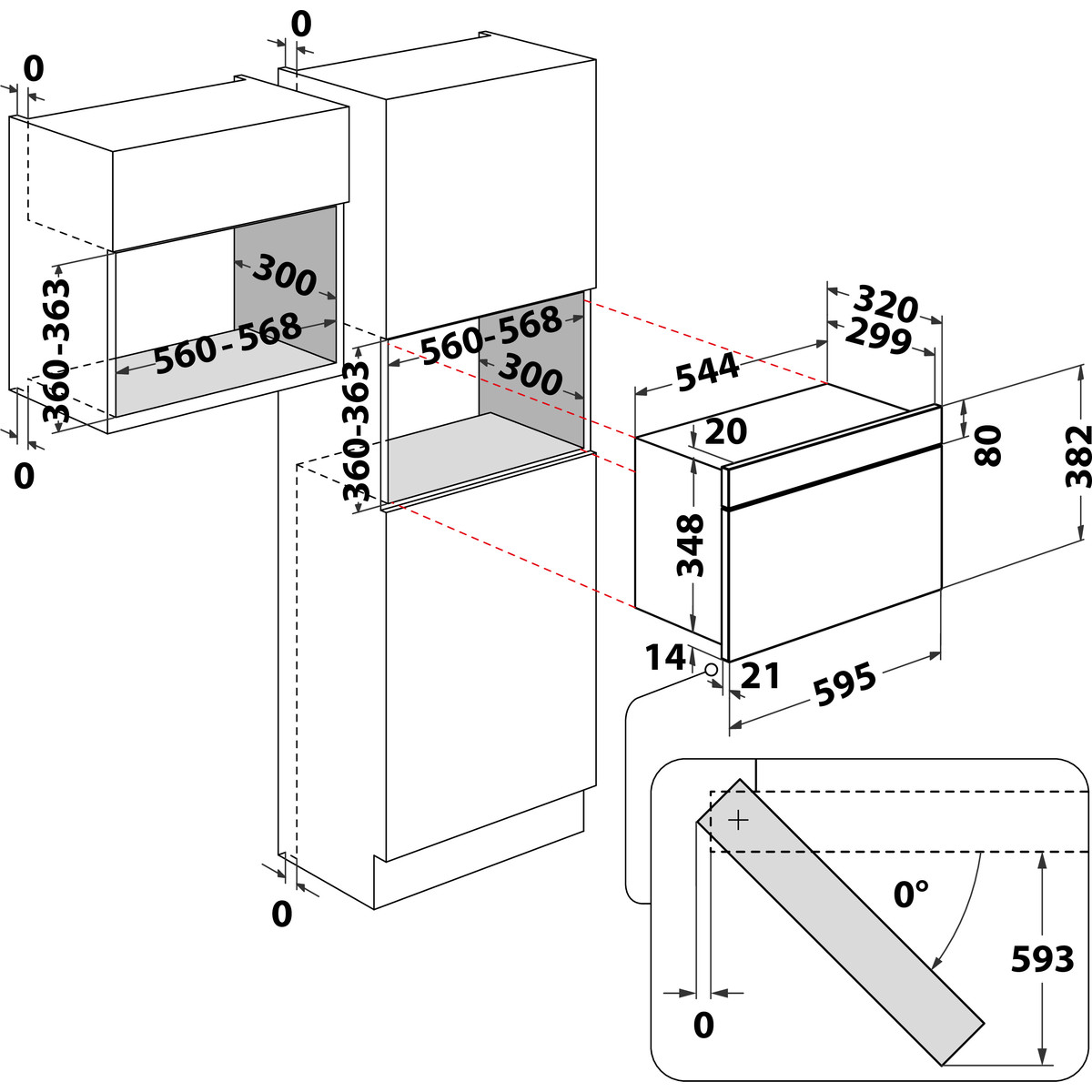 Egy beépített mikrohullámú sütő diagramja, amely a méreteket és a telepítési útmutatót mutatja.