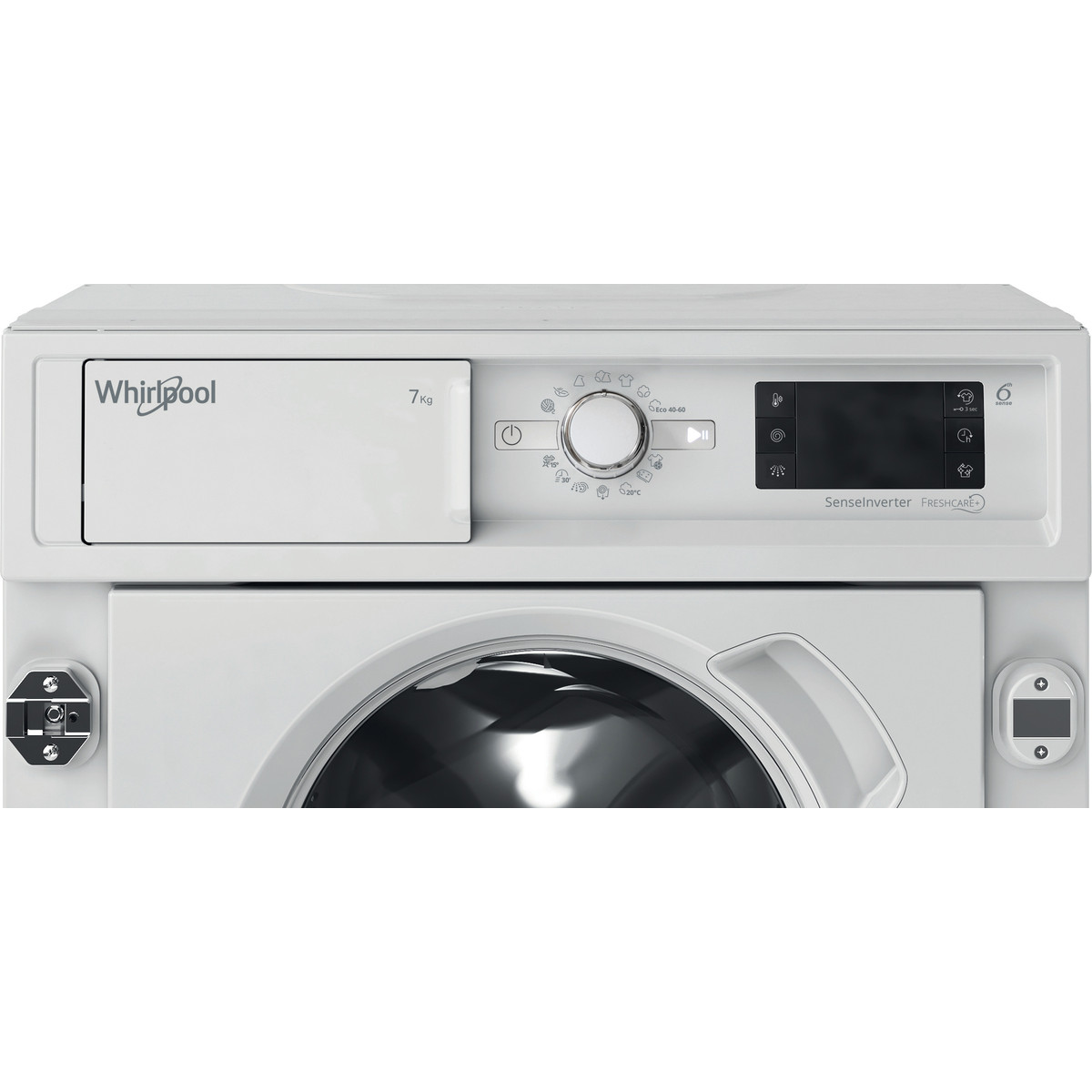 Fehér Whirlpool mosógép, felülnézet. A kezelőszervek és az ajtó látható.