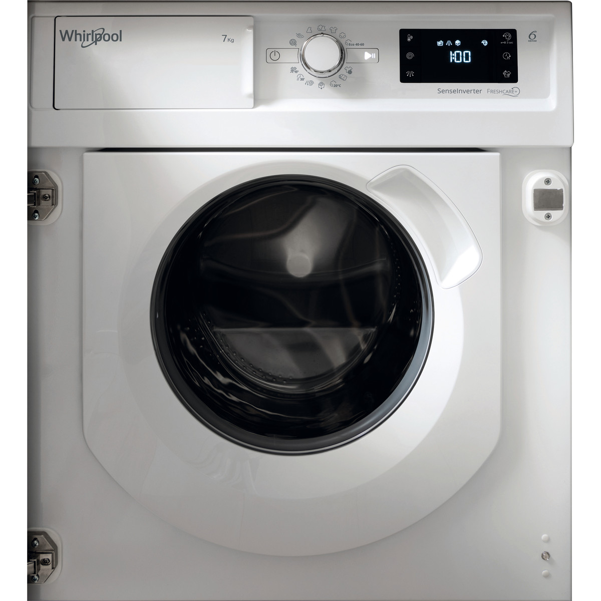 Fehér Whirlpool mosógép, felül vezérlők, kerek ajtó.