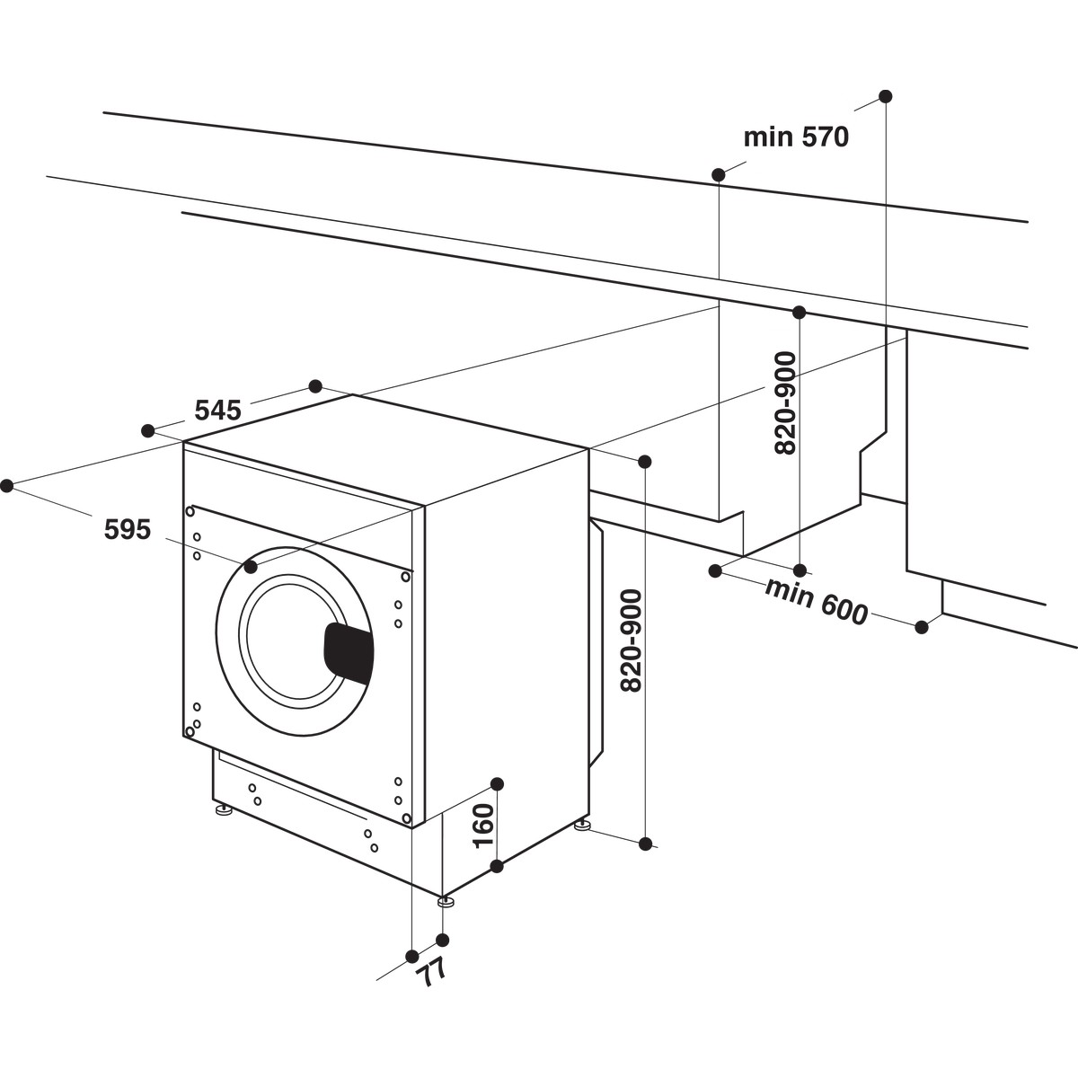 Mosógép diagramja, amely a méreteket és a telepítési adatokat mutatja.