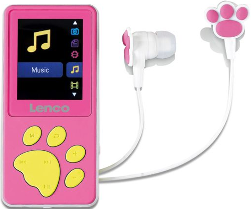 Rosa MP3-Player mit Pfotenabdruck und Ohrhörern. Weißer Hintergrund.