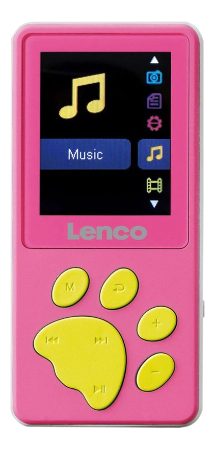 Pinkfarbener Lenco MP3-Player. Touch-Tasten, Pfotenabdrücke. Display zeigt Musiksymbol.
