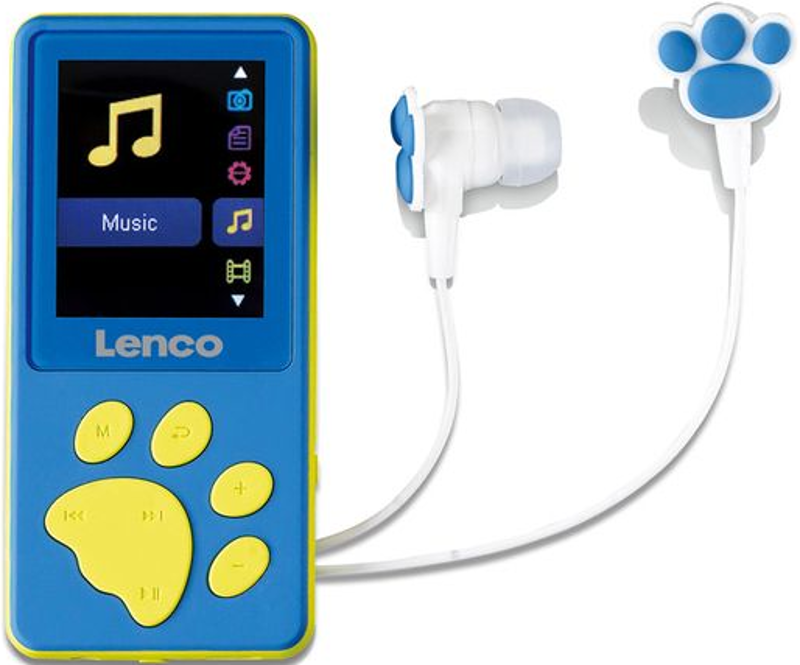 Blauer und gelber MP3-Player mit Bildschirm, pfotenformigen Tasten und weißen Ohrhörern mit blauen Akzenten.