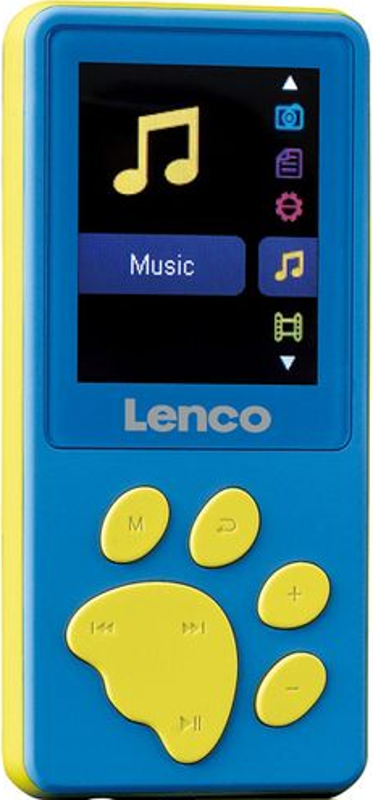Blau-gelber Lenco MP3-Player mit Pfotenabdruck-Knopfdesign, auf weißem Hintergrund.