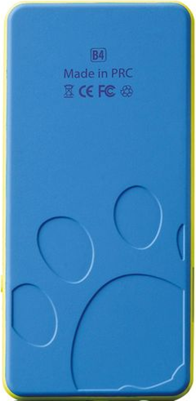 Blau-gelbe Telefonrückseite mit Pfotenabdrücken und Text.