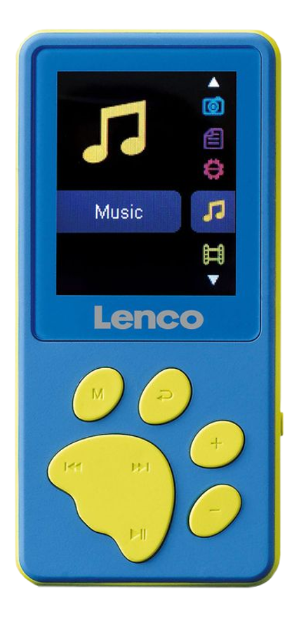 Blauer Lenco MP3-Player mit Notensymbol auf dem Bildschirm und Pfoten-Tasten.