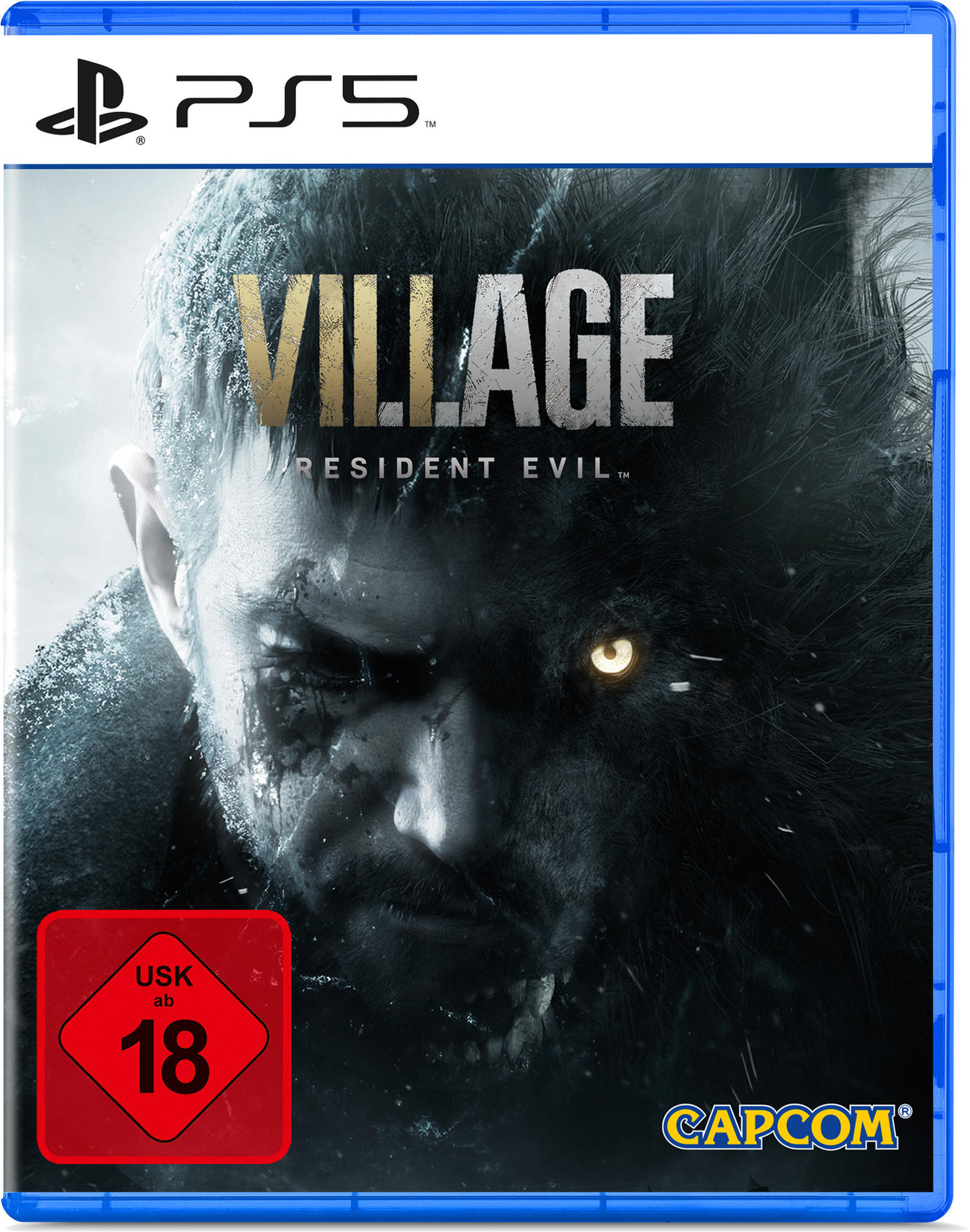PS5-Spielcover: Resident Evil Village, Mann mit Wolfsgesicht, USK 18 Logo.