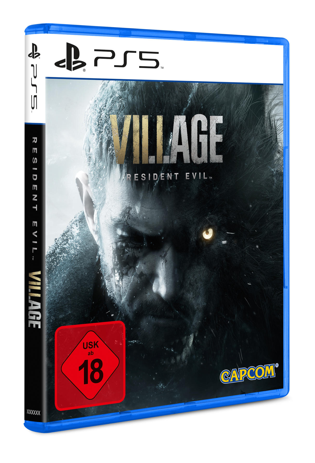 Eine PS5-Spielhülle für 'Resident Evil Village' mit einem dunklen Bild eines wolfsähnlichen Gesichts.