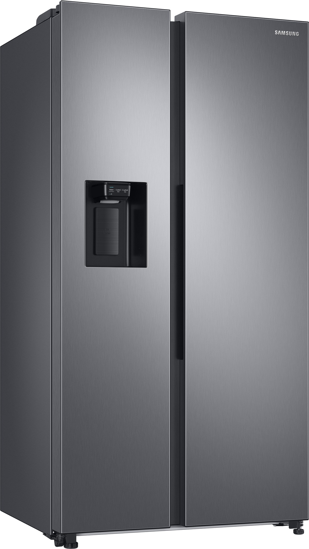 Ein Samsung Side-by-Side-Kühlschrank, dunkelgrau mit Wasserspender.