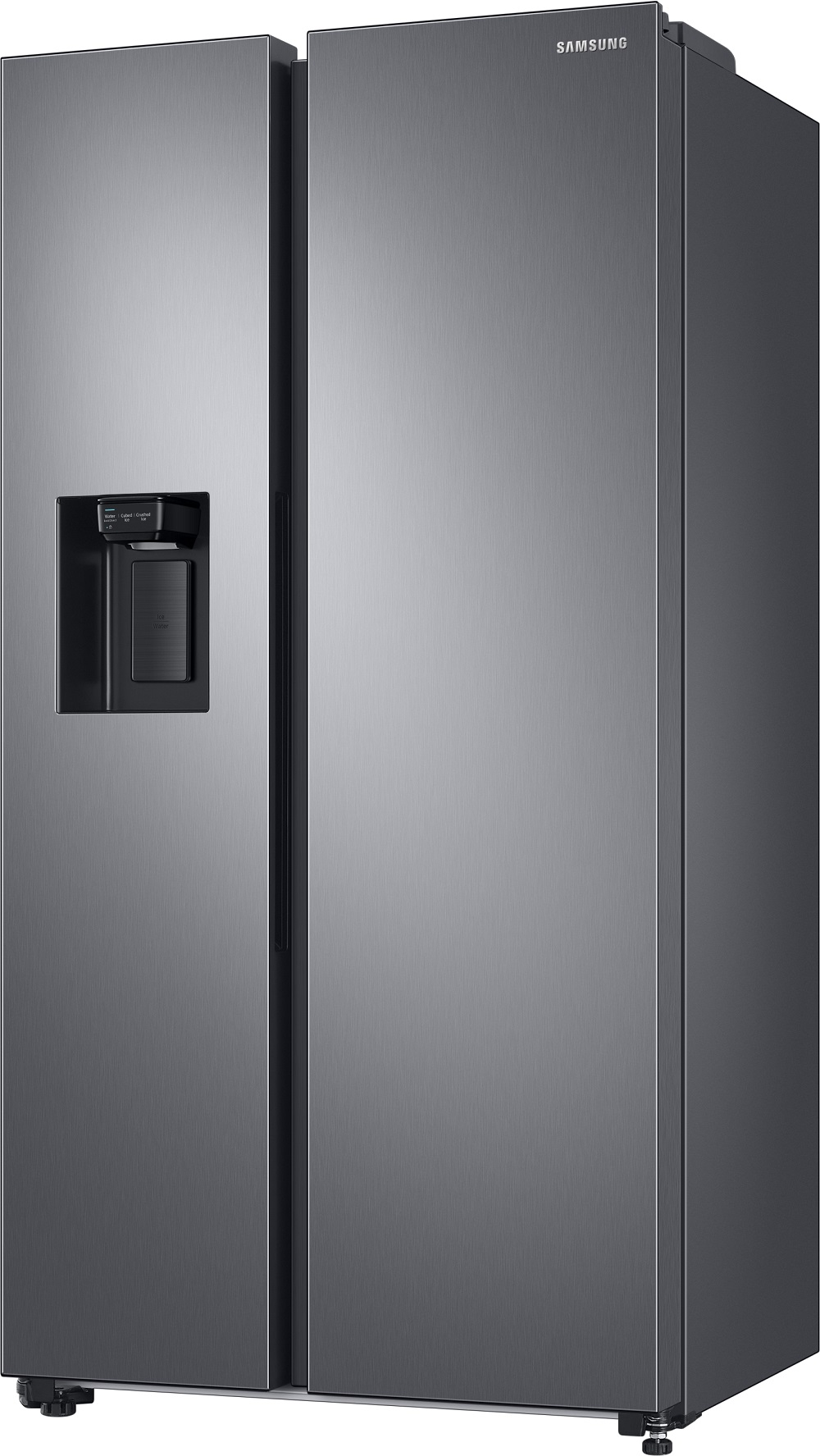 Ein Edelstahl-Samsung-Kühlschrank mit zwei Türen, der aufrecht steht.