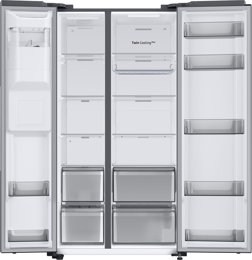 Offener Edelstahlkühlschrank mit Regalen, Schubladen und den Worten "Twin Cooling Plus" im Inneren.