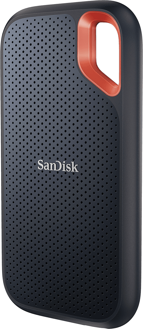 Dunkelblaue tragbare SanDisk SSD mit rotem Akzent. Perforierte Oberfläche.