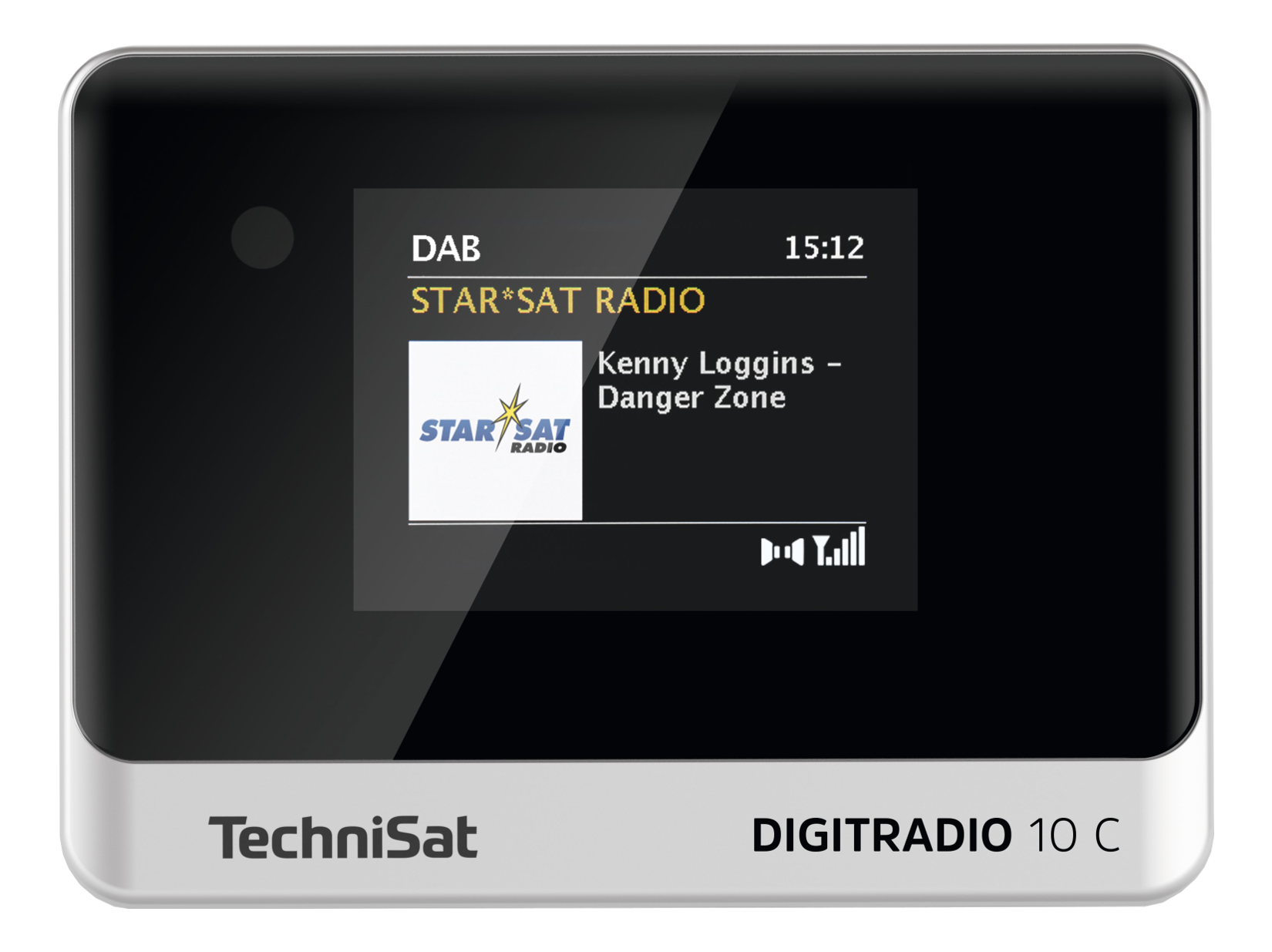 Ein schwarzes und silbernes TechniSat-Radio mit einem Bildschirm, der DAB-Radio-Infos und die Uhrzeit zeigt.