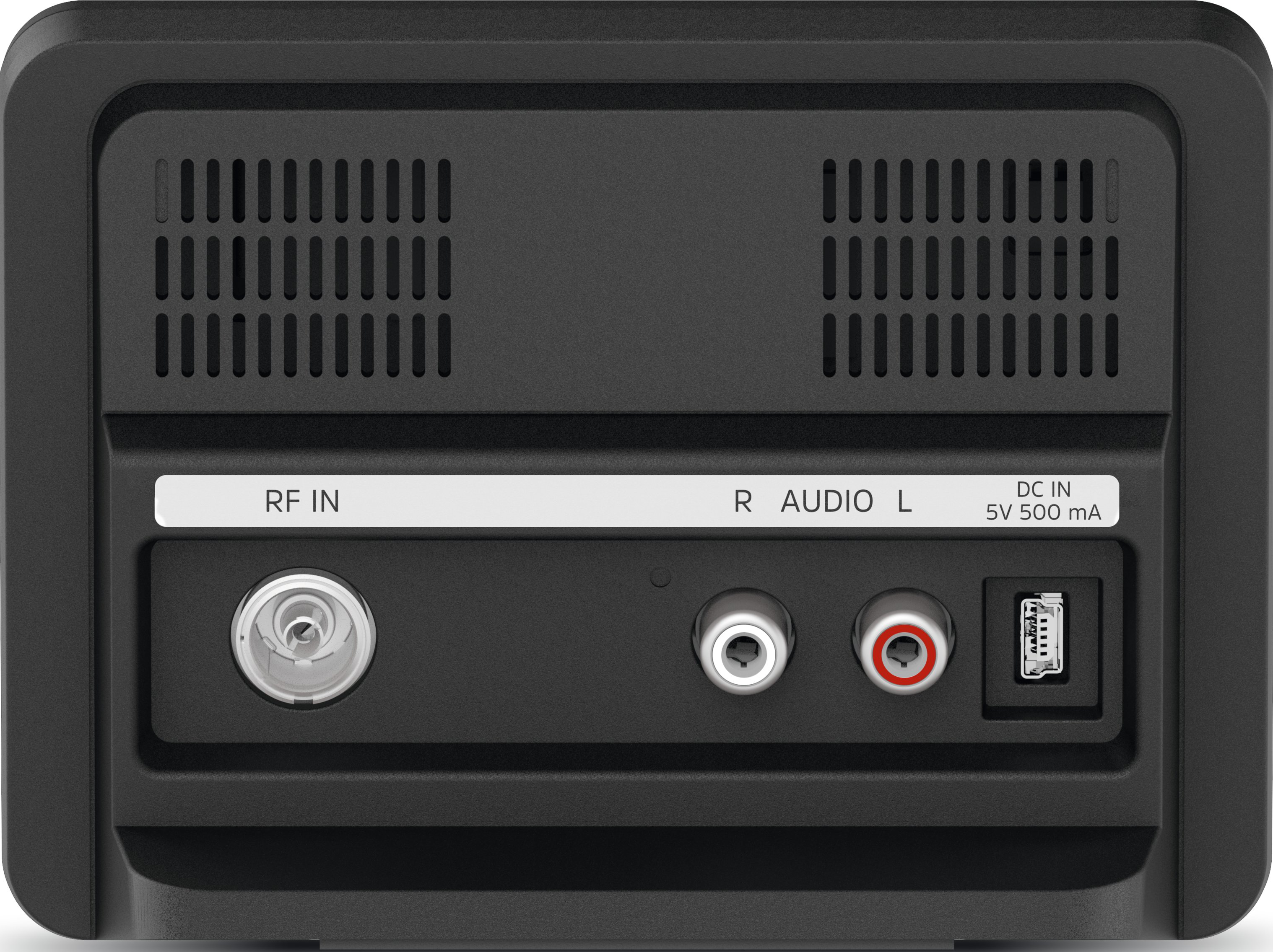 Die Rückseite eines schwarzen Geräts mit Anschlüssen, beschriftet mit 'RF IN', 'AUDIO L, R' und 'DC IN'.