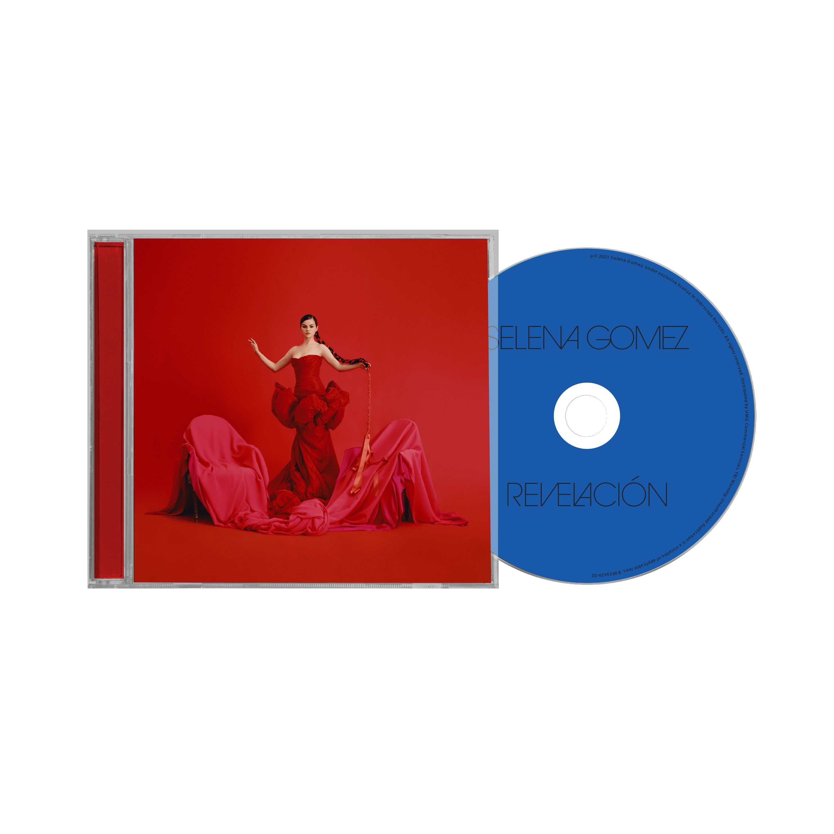 CD-Hülle und -Disc mit Selena Gomez' Album Revelación auf rotem Hintergrund.