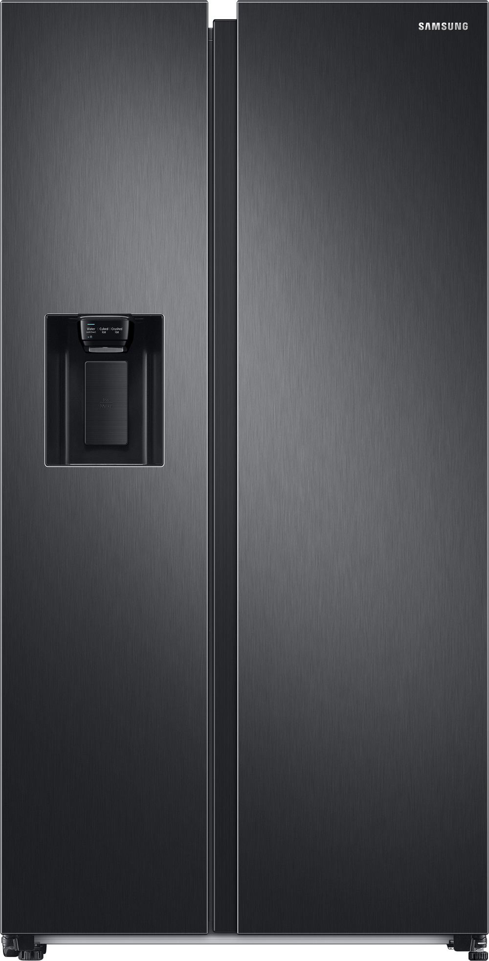 Schwarzer Samsung Kühlschrank. Zwei Türen. Spender an der linken Tür.