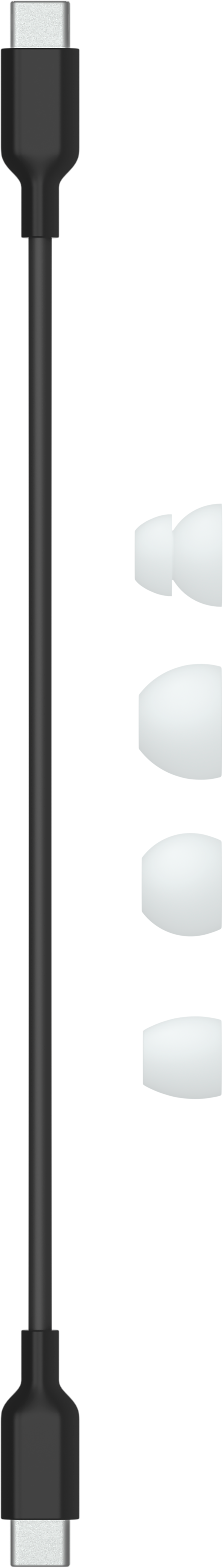 Zwarte USB-C-kabel met een connector aan elk uiteinde en vier witte oortelefoontips.