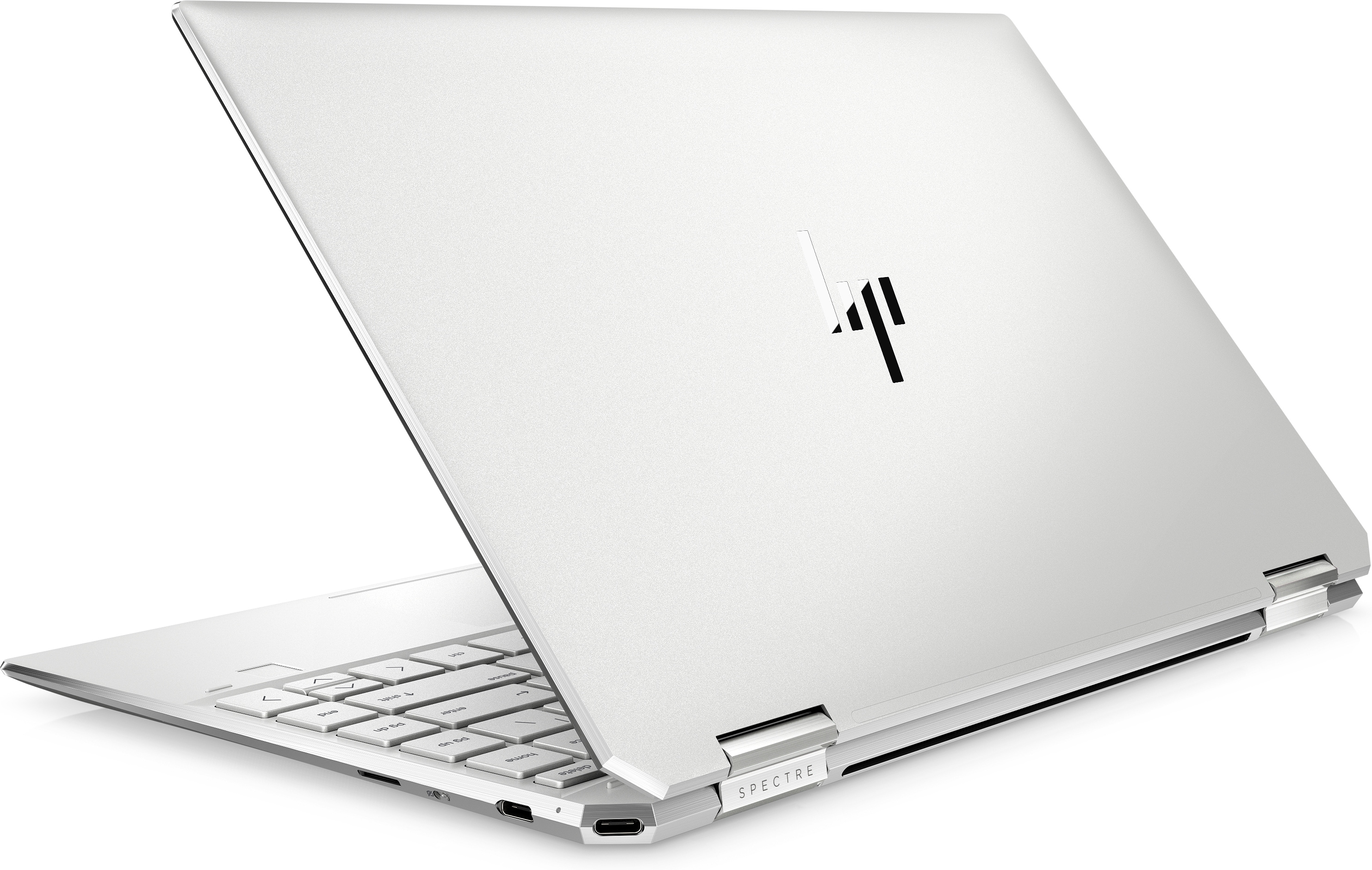 Ein silberner HP Spectre Laptop mit geöffneter Rückseite.