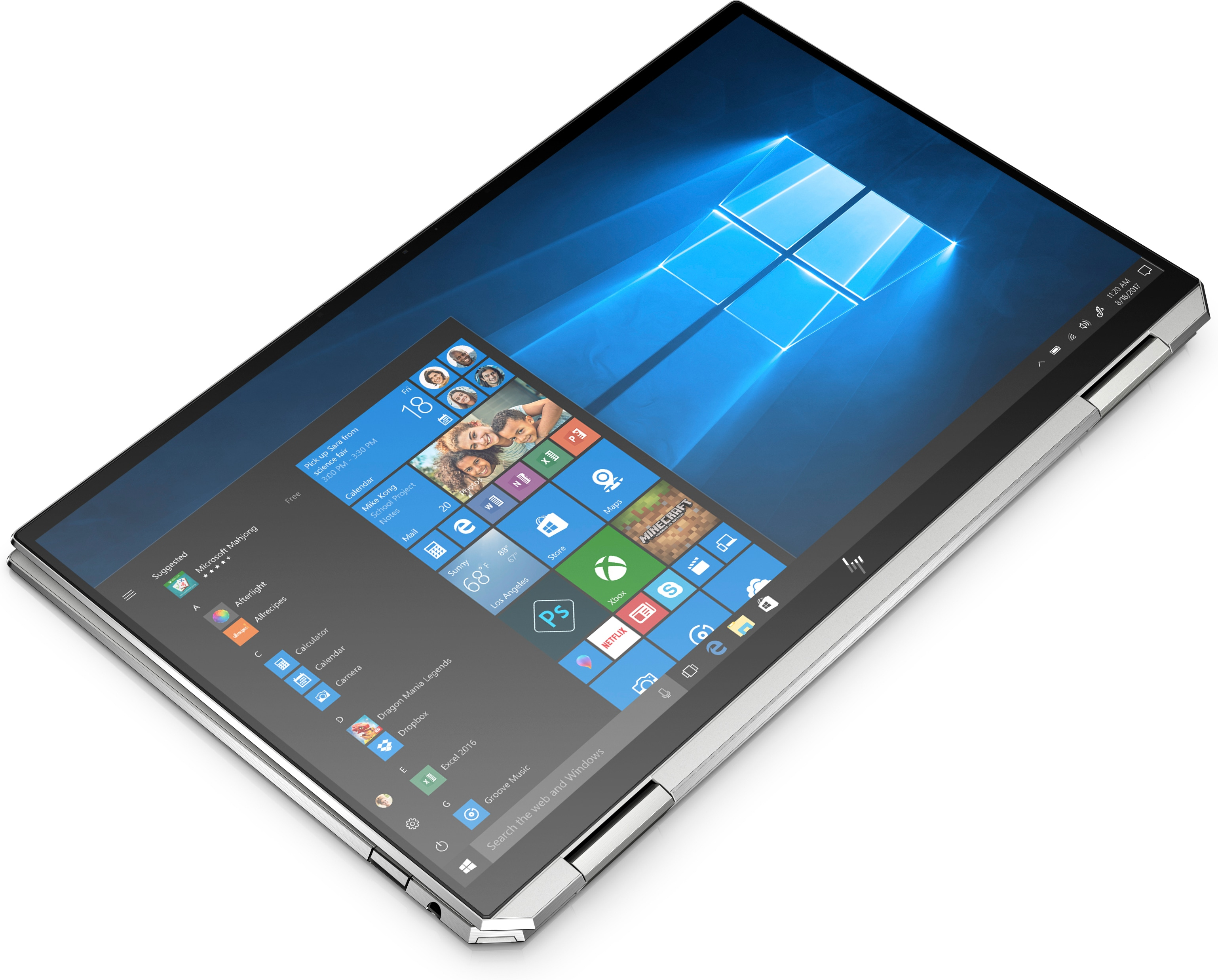Silberner Laptop mit einem Bildschirm, auf dem Windows angezeigt wird. Der Bildschirm ist leicht angewinkelt.