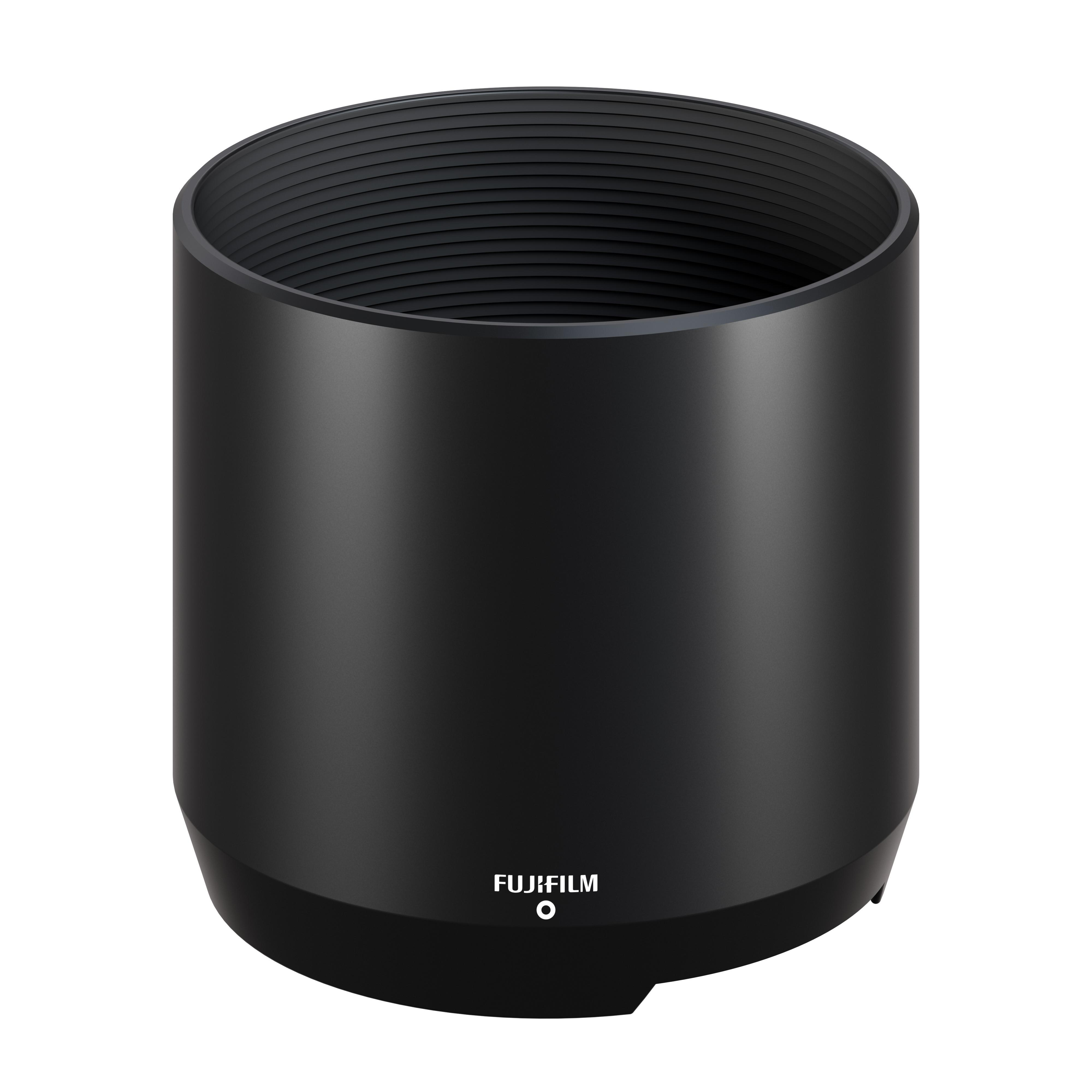 Schwarze Kamera-Objektivsonnenblende mit Fujifilm-Logo am Boden.