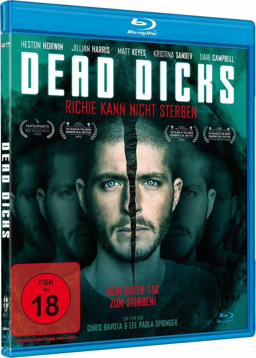 Dead Dicks Blu-ray-Hülle mit dem Gesicht eines Mannes, das in zwei Teile geteilt ist.