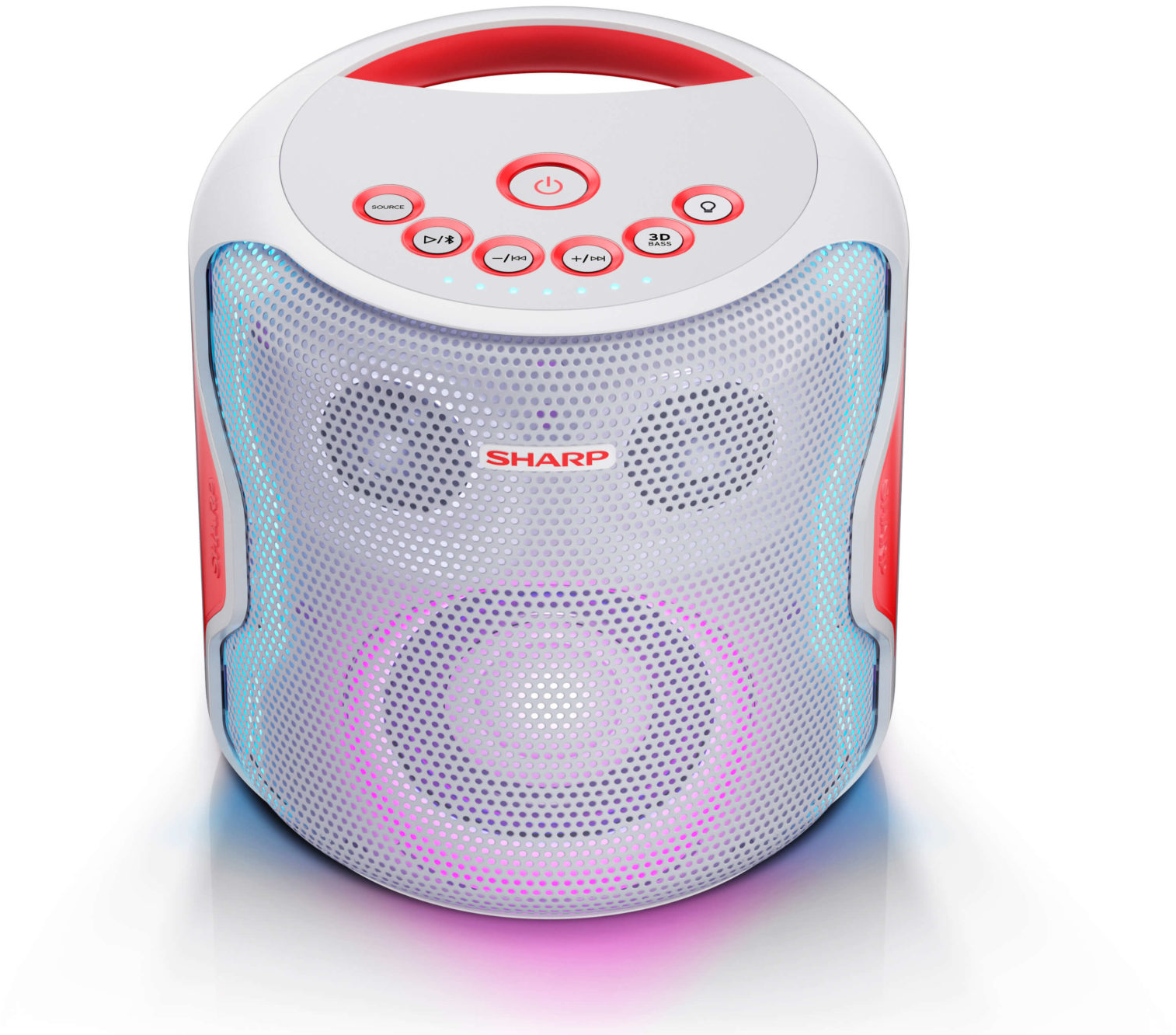 Fehér-piros Sharp Bluetooth hangszóró színes fényekkel. Gombok és hálós borítás.